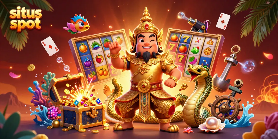 Engage with situs slot featuring a Thai temple guardian and vibrant casino elements.