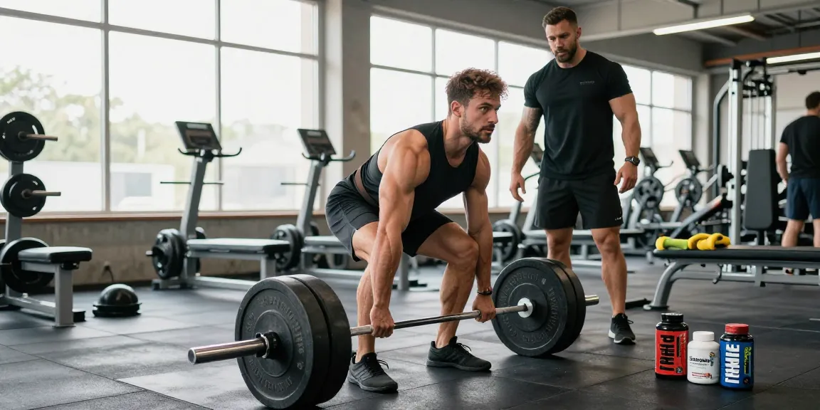 Bodybuilder using Prime Pharma Steroiden during intense deadlift workout in a bright gym.