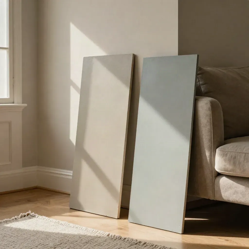 Kleuraudit in een lichte woonkamer met kleurstalen, bank, wolkleed en houten vloer