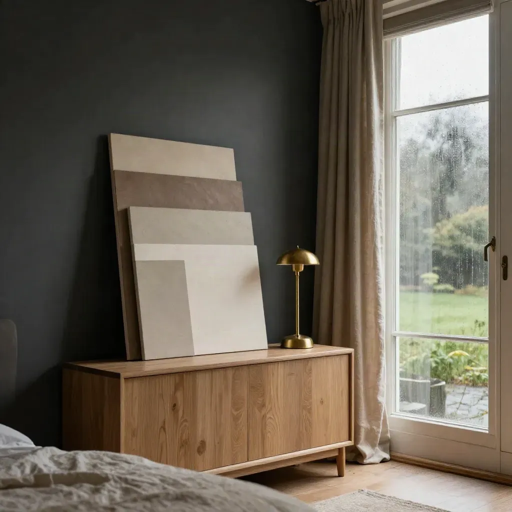Luxe woonkamerhoek met kleurstalen, houten dressoir en ochtendlicht na regen.