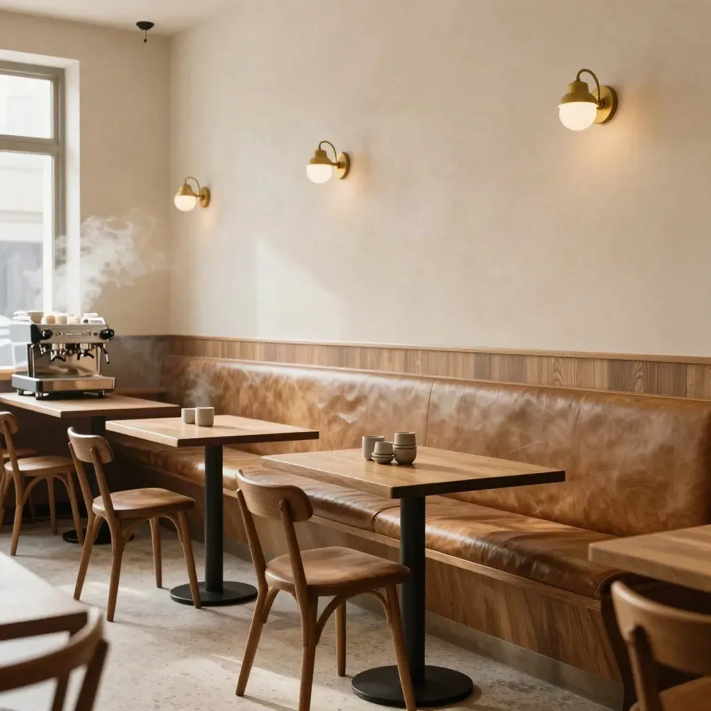 Café-interieur met warme houttinten, brass accenten en zachte ochtendmist.