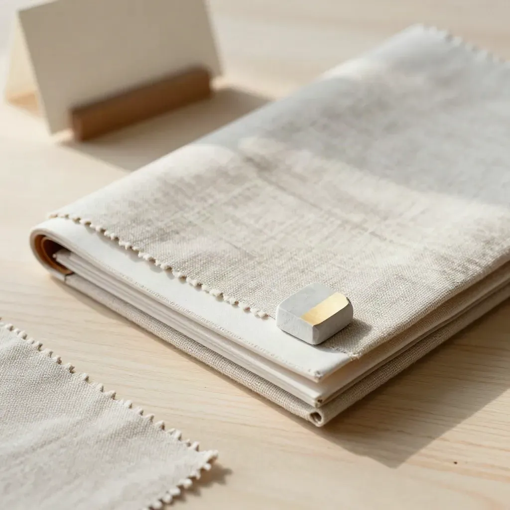 Linnen stalenmap, pleisterstaal en stenen paperweight op licht hout bij kennismaking