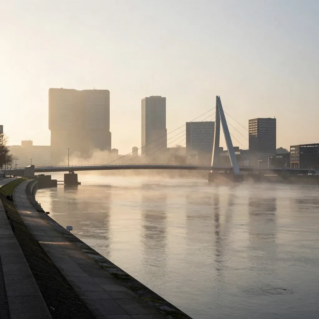 Rotterdam skyline en Maas bij zonsopkomst met mist en stille waterpartij.