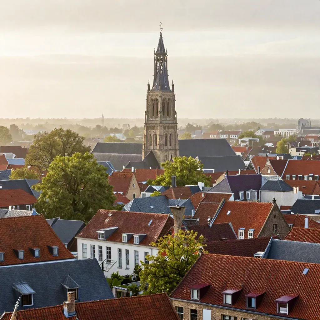 Domtoren boven natte daken en bomen in mistig Utrecht na regen