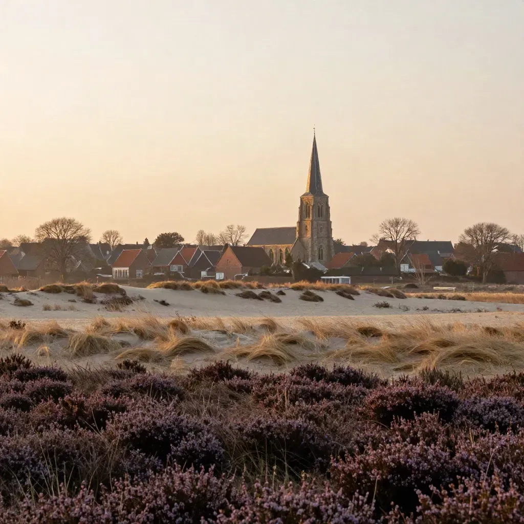 Heidelandschap in Noord-Brabant met dorp en kerktoren in warme avondmist.