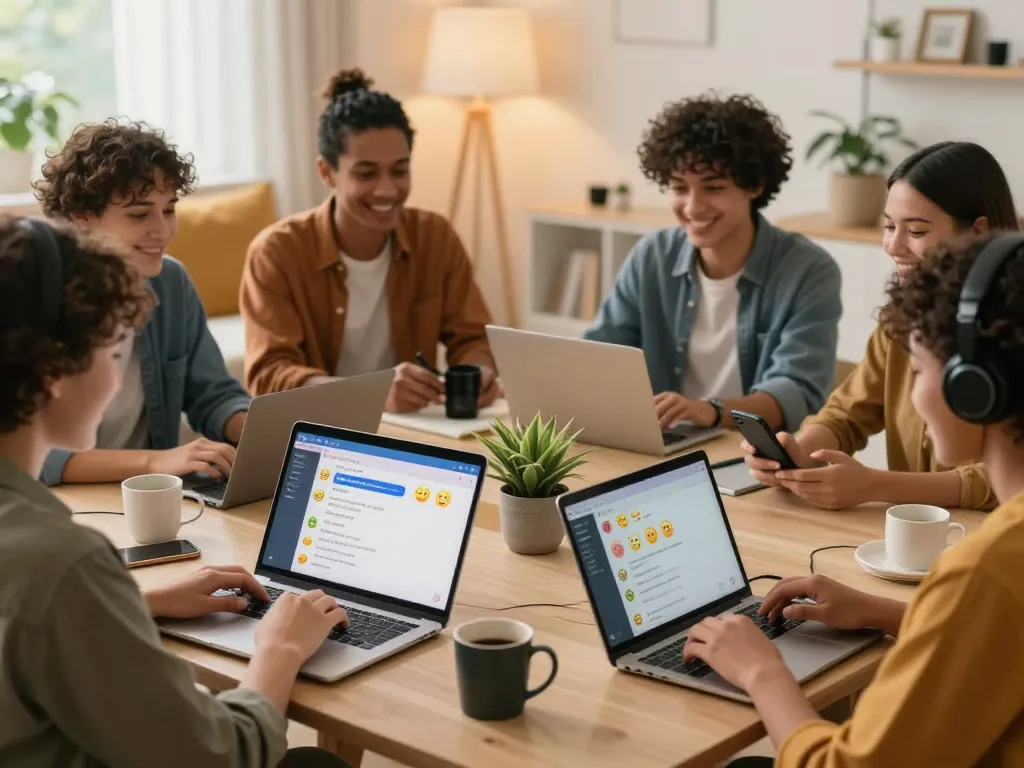 Engaging sex chat room scene with diverse individuals connecting through laptops, showcasing a vibrant and welcoming online atmosphere.