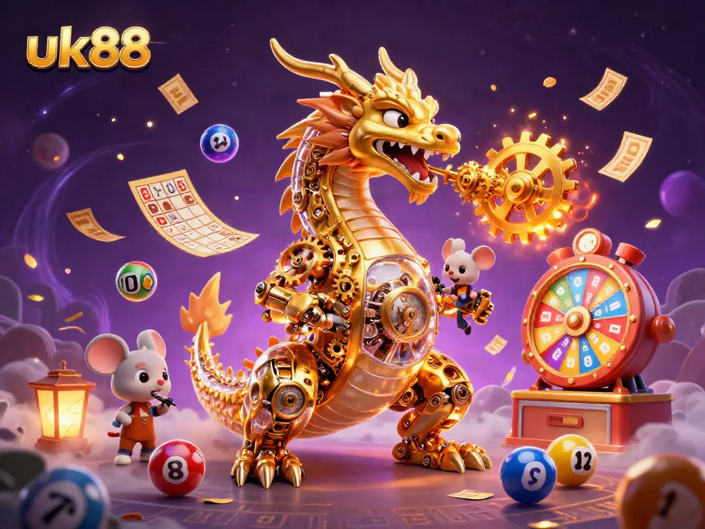 Experience the thrilling world of casino games with UK88, featuring a whimsical golden dragon and colorful lottery elements.