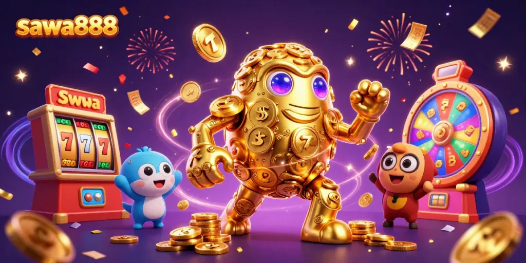 Spin the reels with sawa888 featuring a golden golem surrounded by slot elements and jackpot excitement.