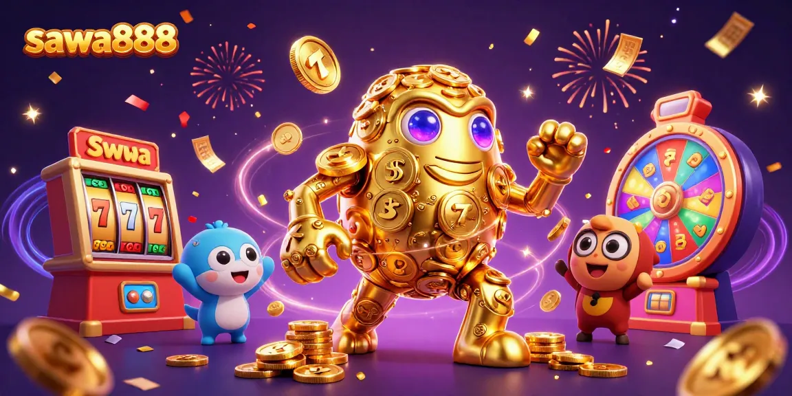 Spin the reels with sawa888 featuring a golden golem surrounded by slot elements and jackpot excitement.