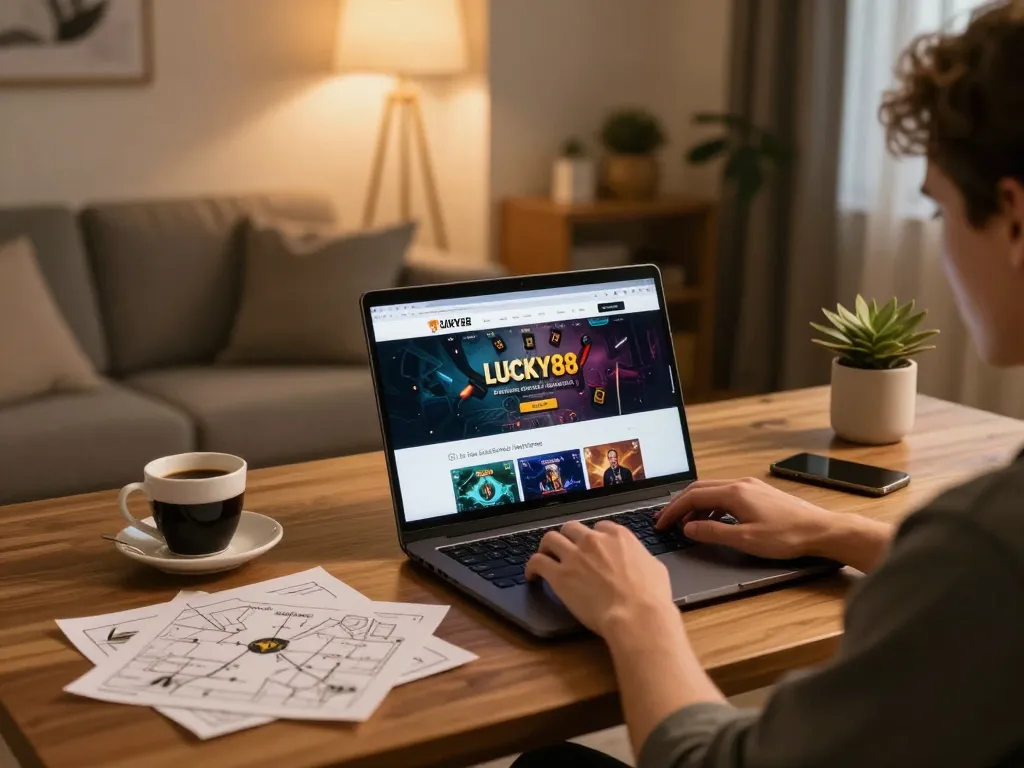 Engaging with LUCKY88 on a laptop at home, showcasing a cozy online gambling environment.