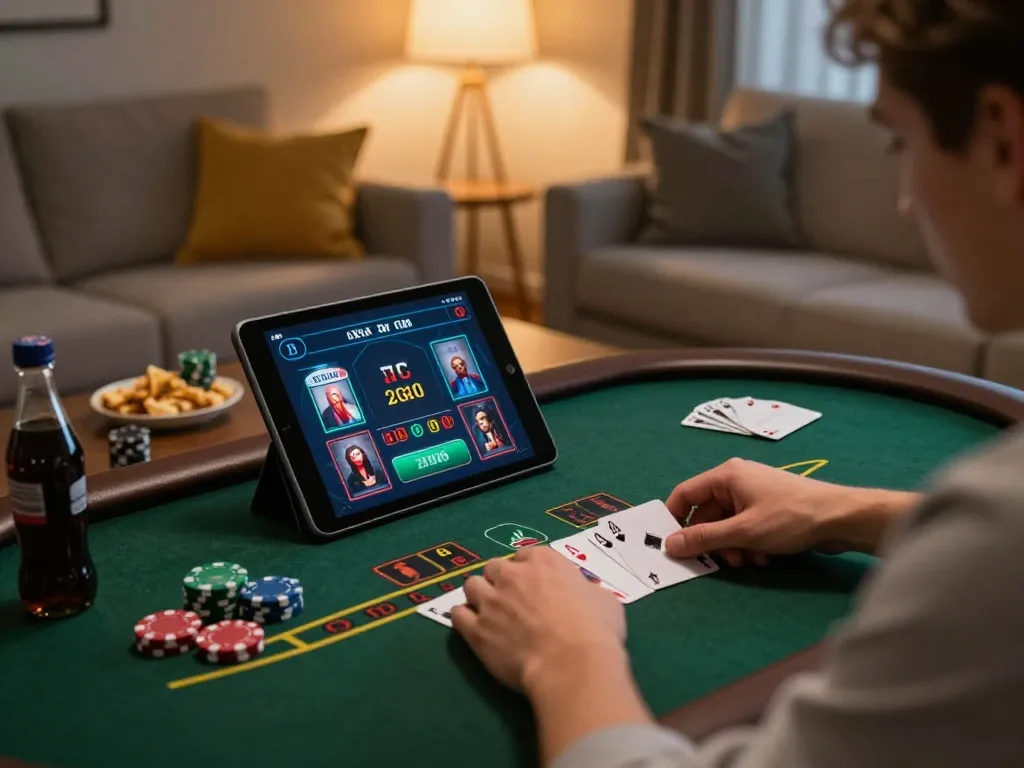 Playing blackjack on a tablet in a cozy space, showcasing 3win's online gambling experience