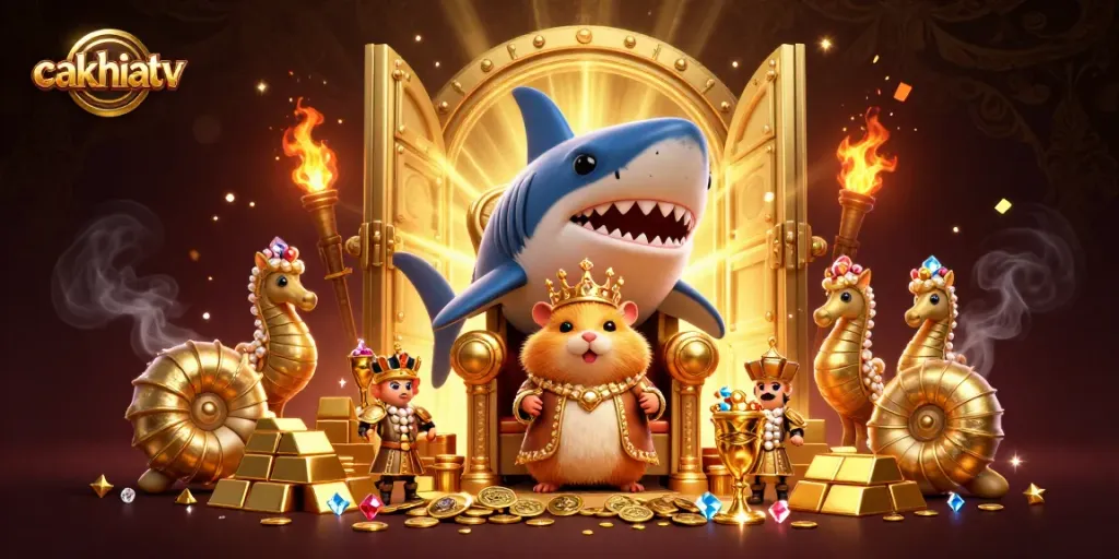 Cakhiatv showcases an extravagant scene with a golden hamster king on a massive shark tooth throne amidst treasure.