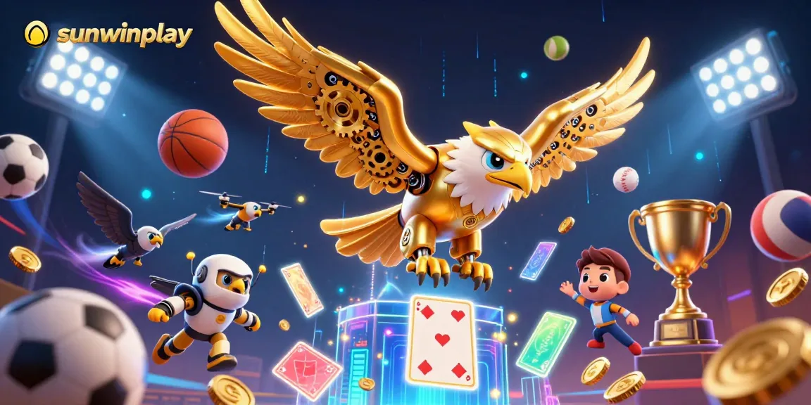 Experience thrilling gameplay in sunwinplay with a golden eagle diving through holographic cards.