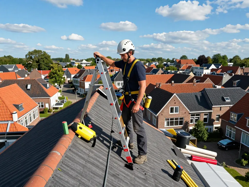Ervaren dakdekker pakt deventer daklekkage aan met professionele hulpmiddelen en inspectietechnieken op een residentieel dak.
