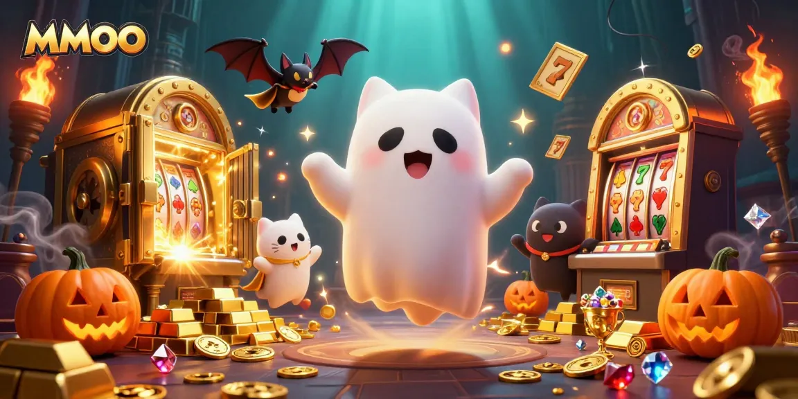 Experience thrilling wins at MMOO Casino with a floating ghost cat and glowing treasures.
