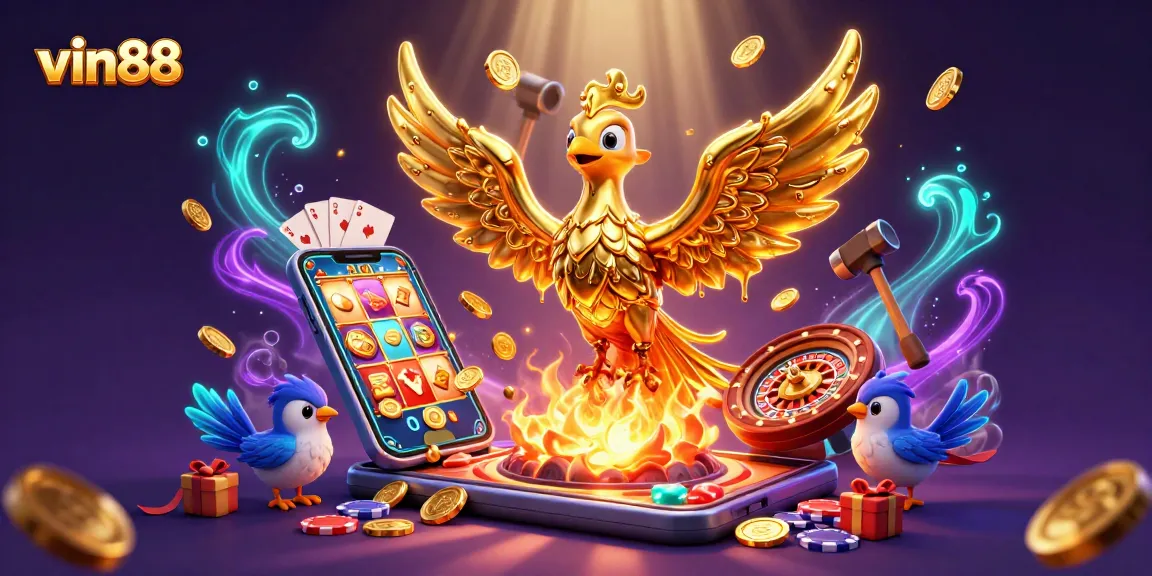 Win big with vin88 as a golden phoenix rises among dazzling slots and casino elements.