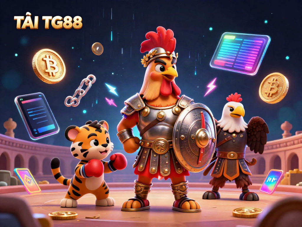 TẢI TG88: A dynamic 3D illustration showcasing casino-themed characters and crypto elements in action.