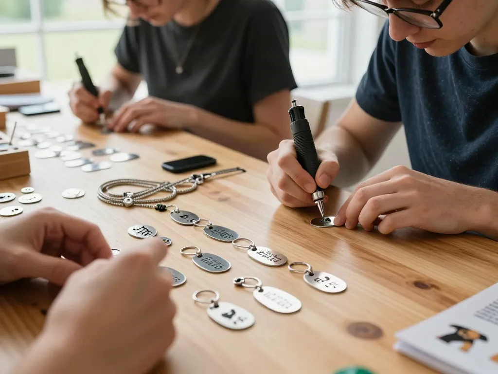 Persoonlijk gemaakte hondenpenningen met naam in een gezellige werkplaats.