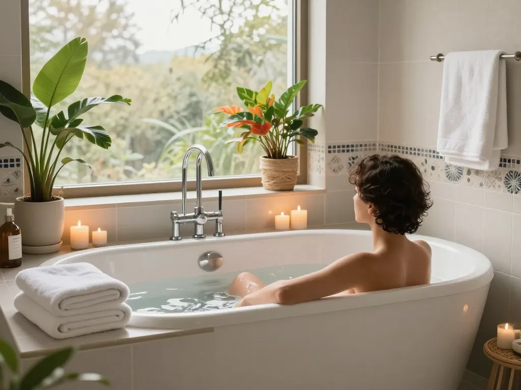 Ontspannen in een stijlvol zitbad omringd door kaarsen en planten in een moderne badkamer.