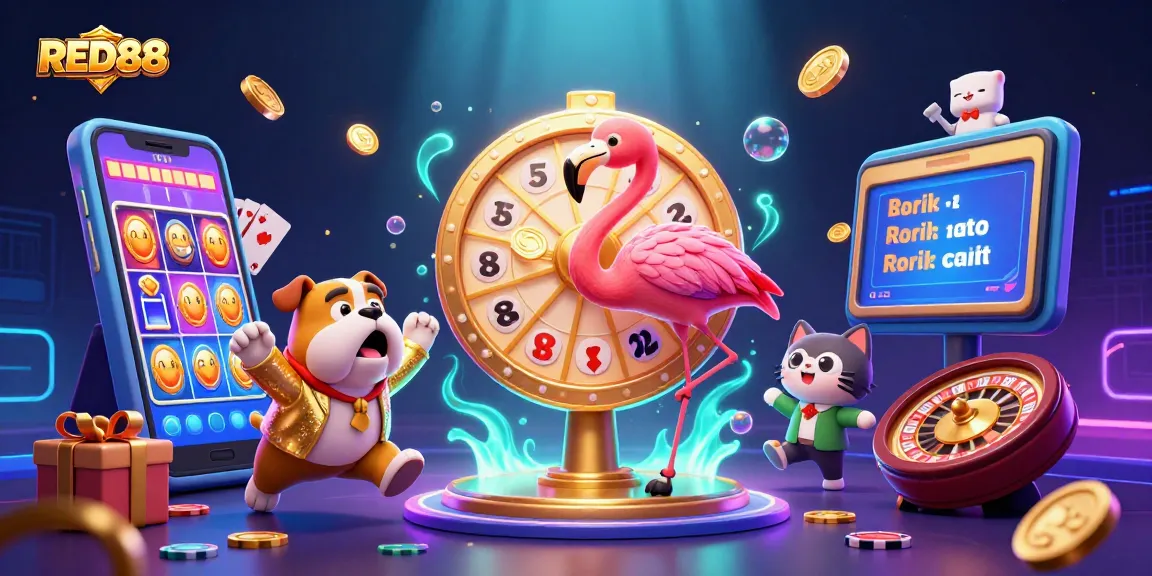 Engage with the excitement of RED88 gaming, featuring a dynamic prize scene with vibrant characters and casino elements.