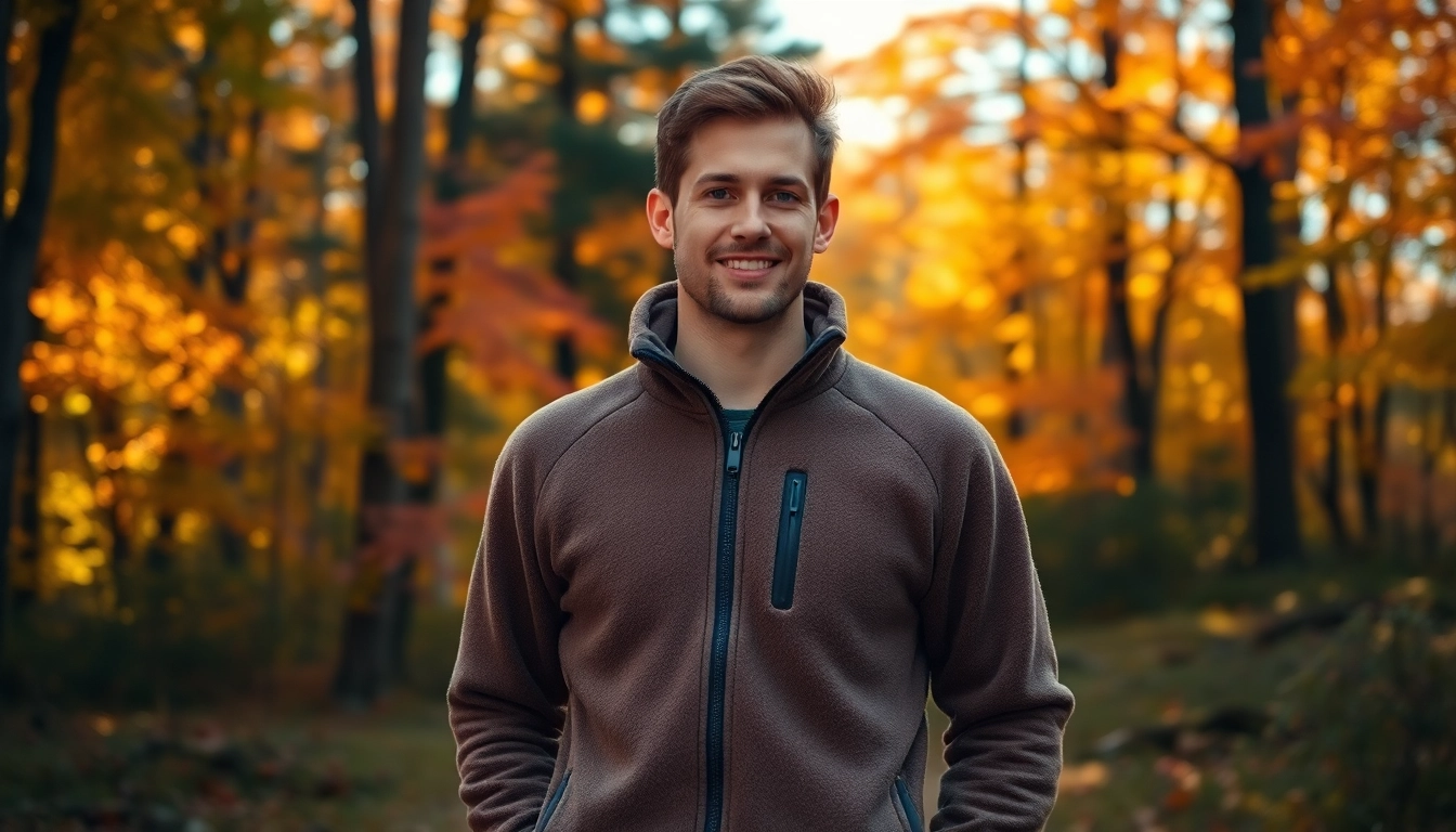 Bekijk geodkope fleece in een comfortabele buitenomgeving met een model in de natuur.
