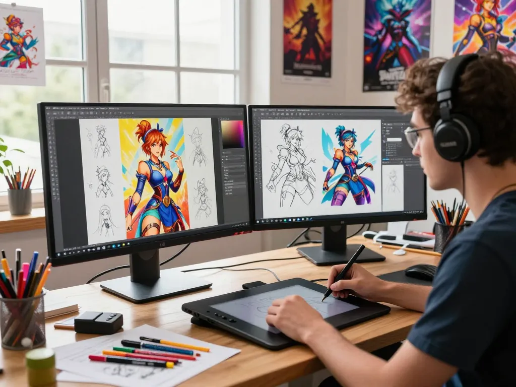 Artist designing ai nsfw characters in a vibrant digital studio with dual monitors and creative tools.