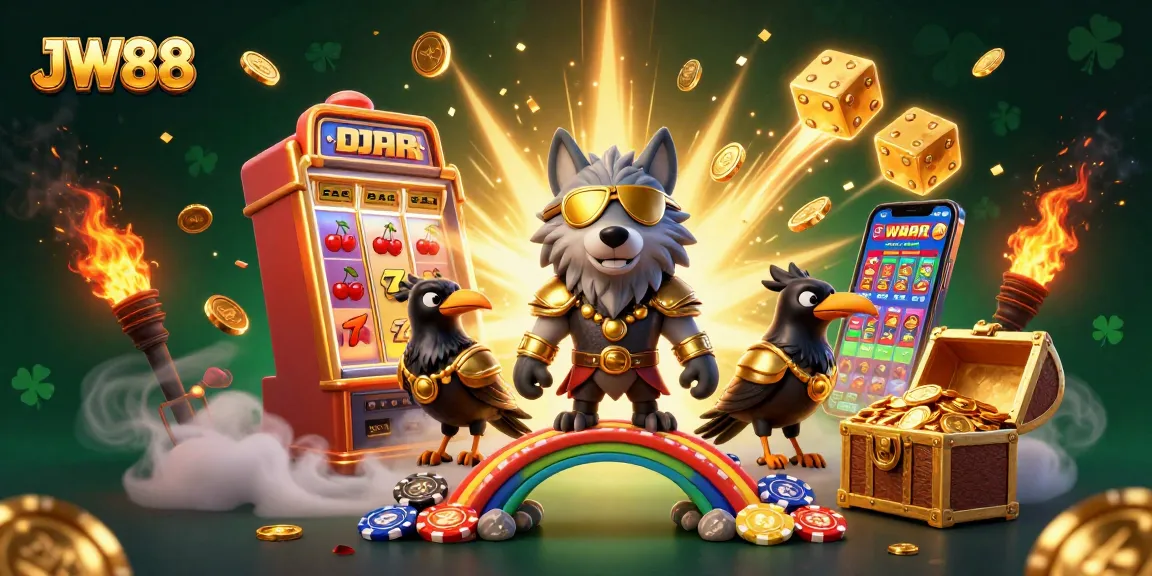 Win big with JW88 in this vibrant casino-themed 3D illustration featuring Norse mythology elements.