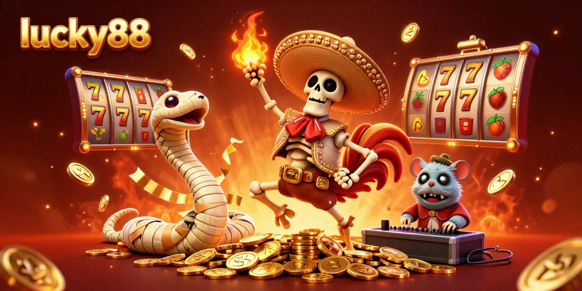 Experience the thrills of lucky88 as a festive mariachi rooster celebrates over golden coins and slot reels.