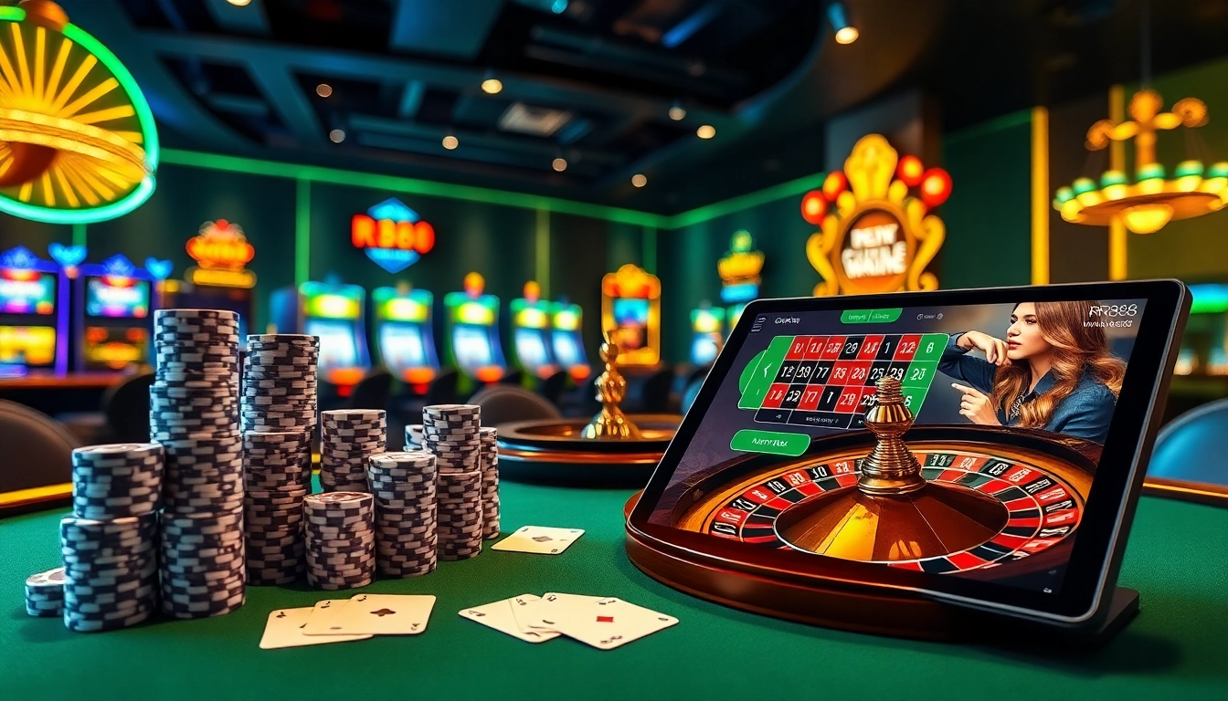 Engaging scene featuring casino elements highlighting the rr88 link with poker chips, cards, and a roulette wheel.