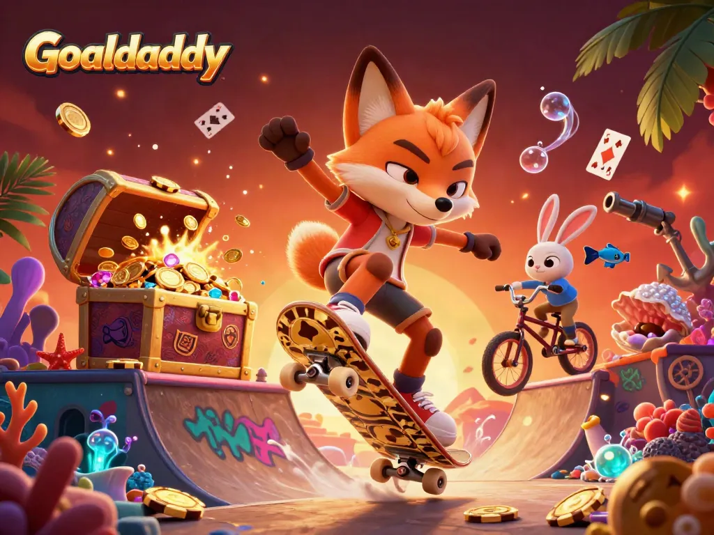 Goaldaddy showcases an exciting skateboarding fox and BMX rabbit amidst vibrant casino-themed imagery.