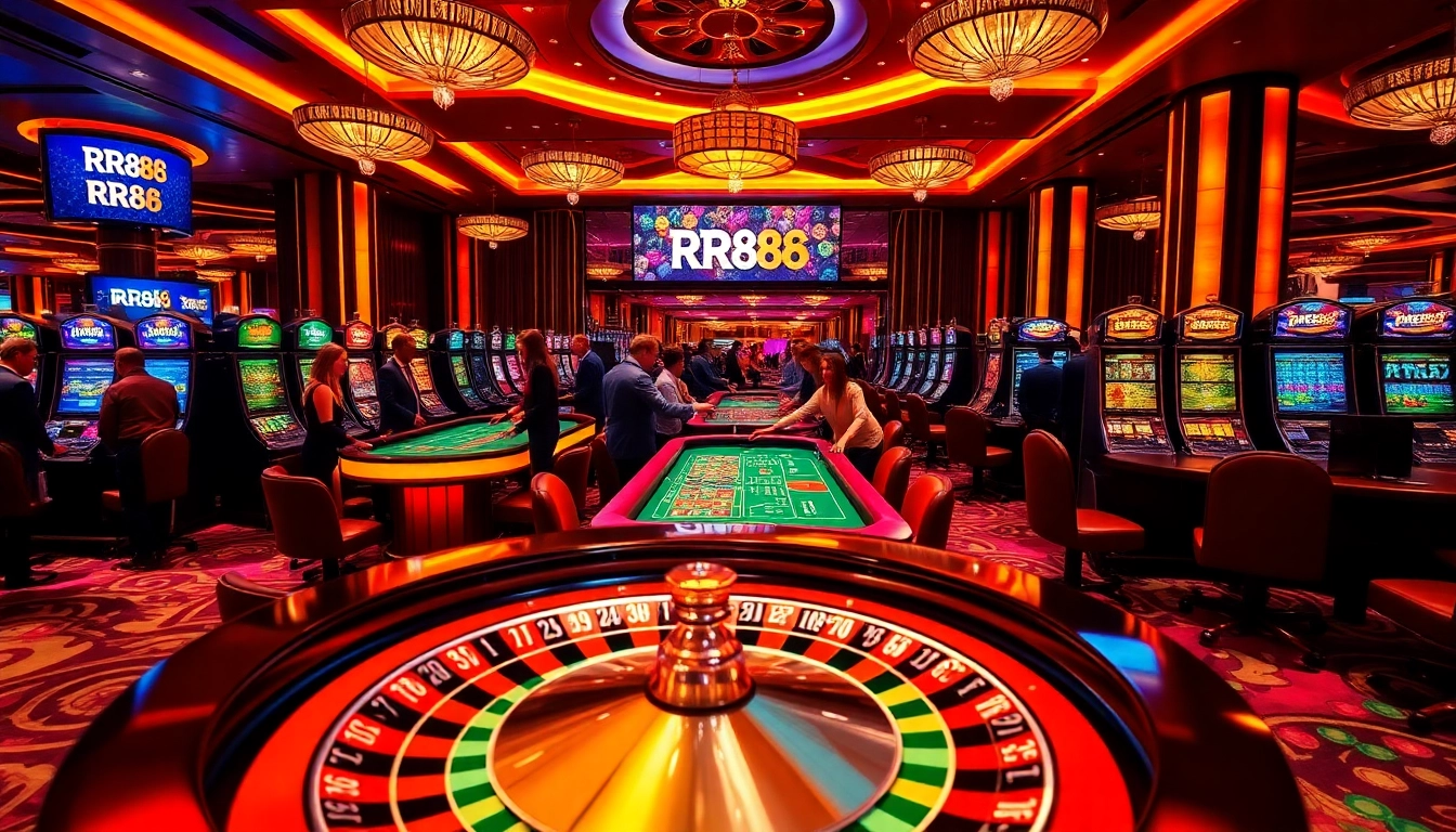 Players enjoying a luxurious casino experience at RR88 with vibrant gaming tables and slot machines.