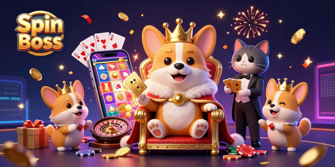 Spin Boss: Embrace the thrill of online gaming with this vibrant casino scene filled with joyful elements.