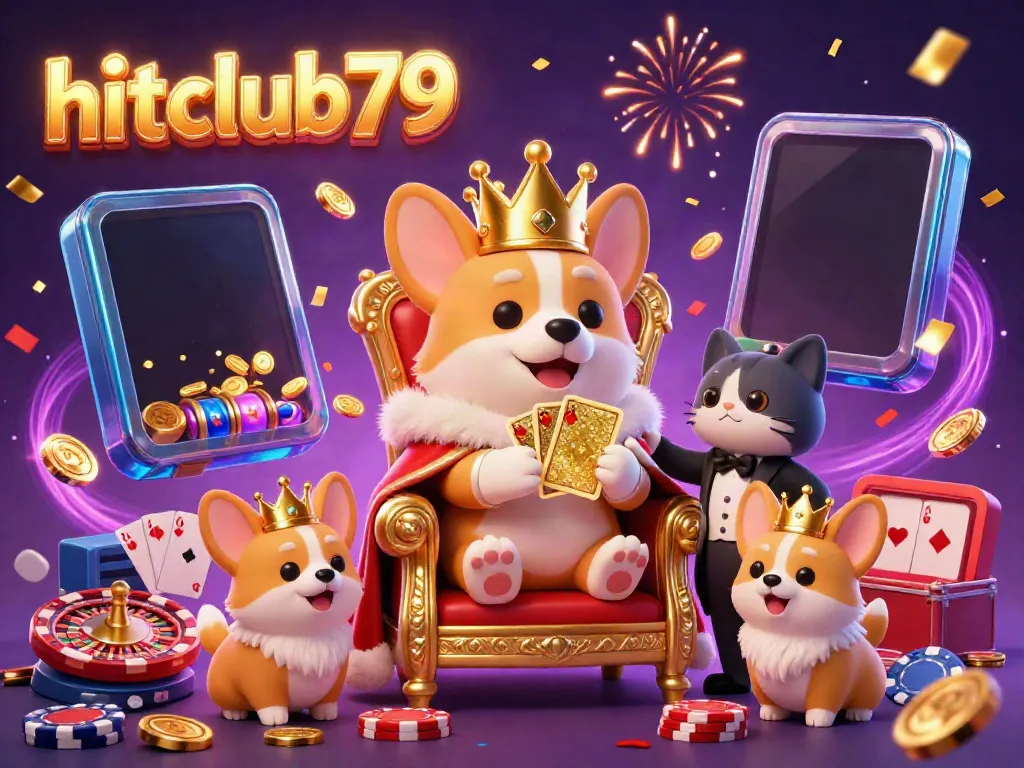 Experience the thrill of hitclub79 with a cheerful royal corgi surrounded by casino elements and gaming magic.