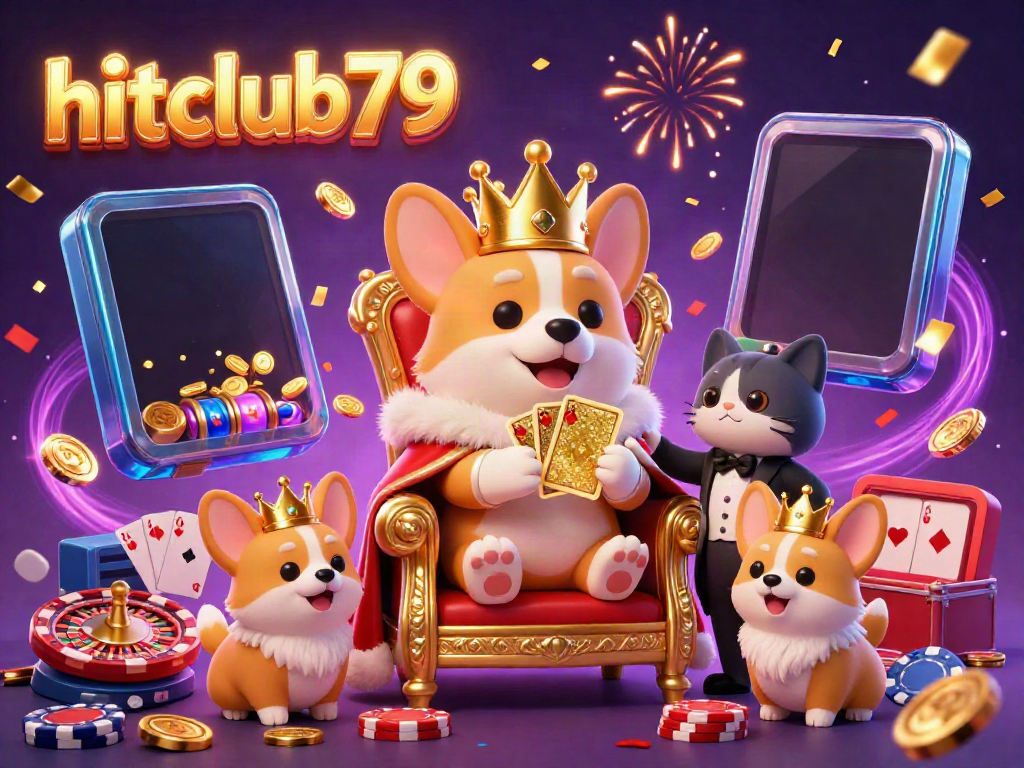 Experience the thrill of hitclub79 with a cheerful royal corgi surrounded by casino elements and gaming magic.