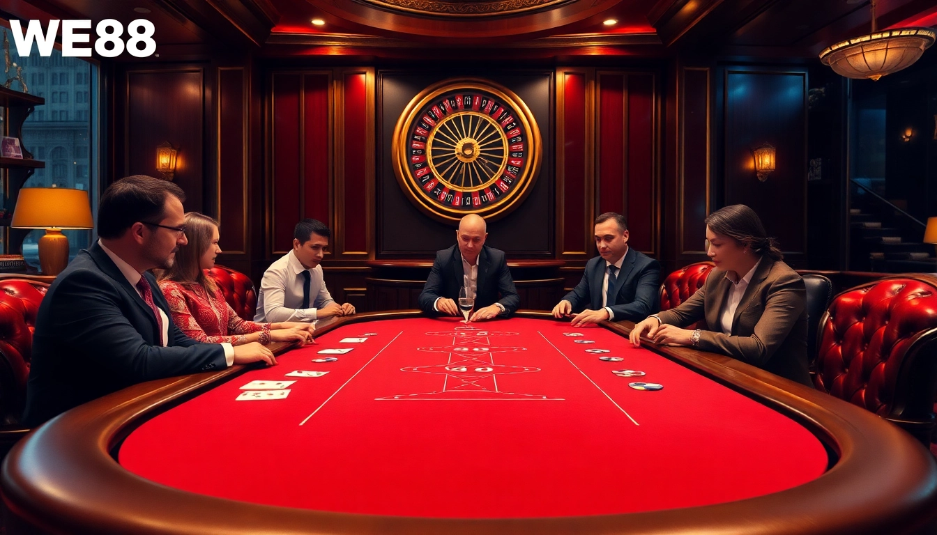 WE88 players enjoy an elite poker game at a luxurious casino table.