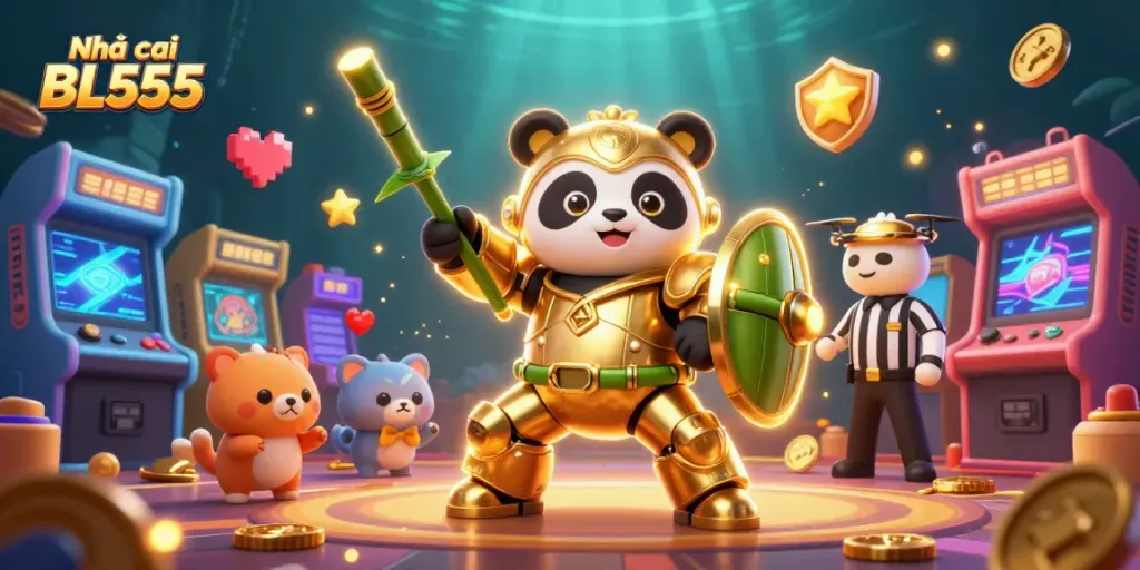 Engage with Nhà cái BL555 in an immersive 3D casino scene showcasing a panda robot amidst vibrant gaming elements.