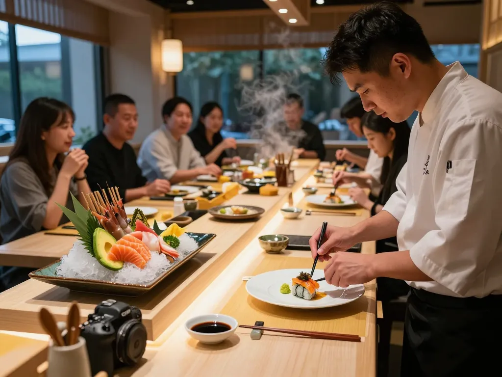 Red88 restaurant scene showcasing chef preparing sushi with fresh ingredients and inviting dining atmosphere.