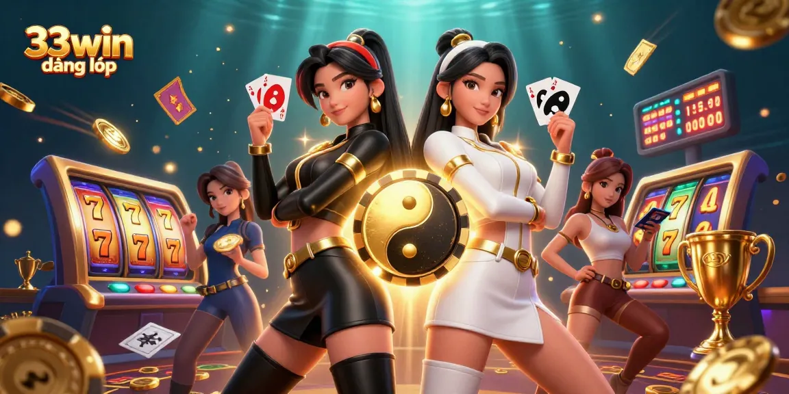 Engage in thrilling gaming with 33win đăng nhập showcasing stunning Asian women, slot reels, and golden elements.