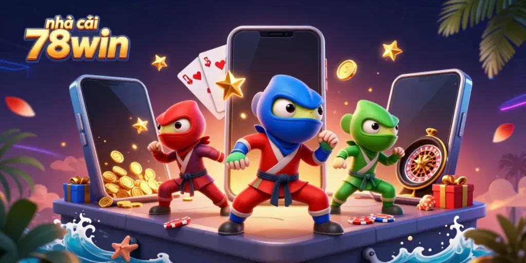 Engaging scene with nhà cái 78win's ninja chameleon team showcasing vibrant casino elements and action-packed dynamics.
