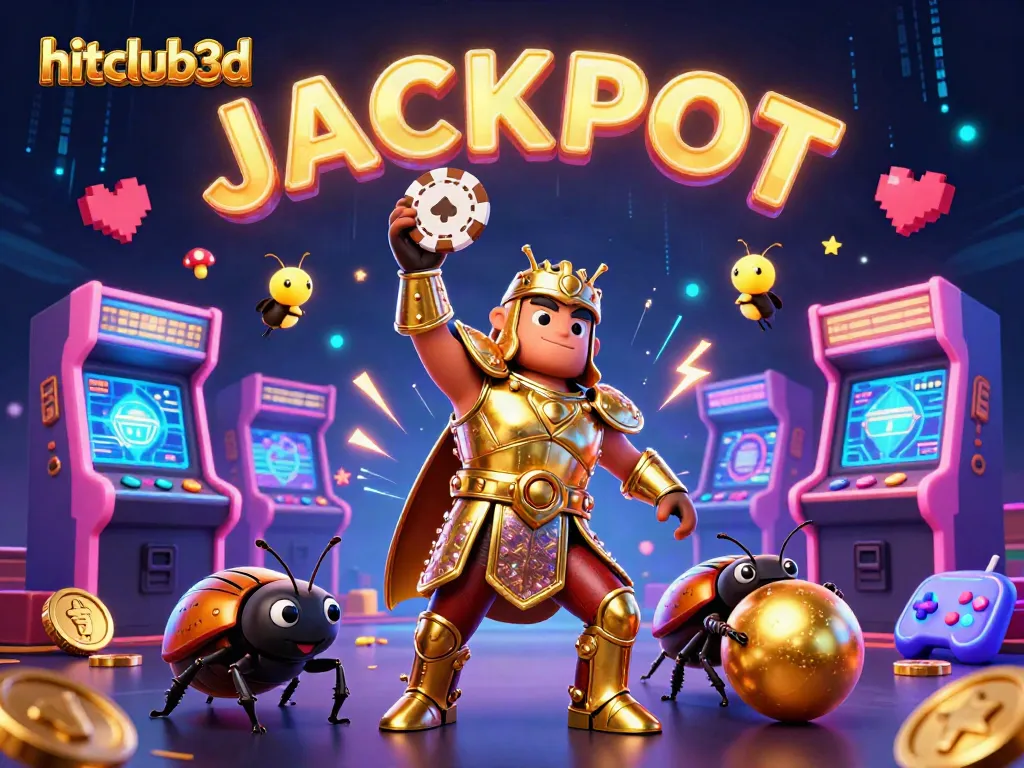 Experience excitement with hitclub3d as a heroic beetle celebrates victory in a vibrant casino world.