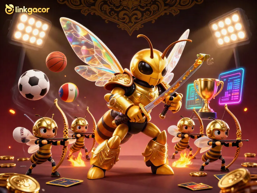 Engaging 3D illustration showcasing link gacor with a golden hornet in samurai armor, slot symbols, and vibrant gaming elements.