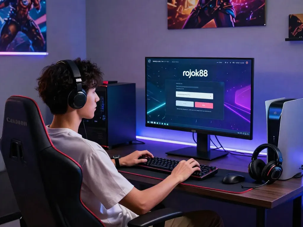 User engaging in rokok88 login on a high-resolution gaming monitor, surrounded by gaming accessories and ambient lighting.