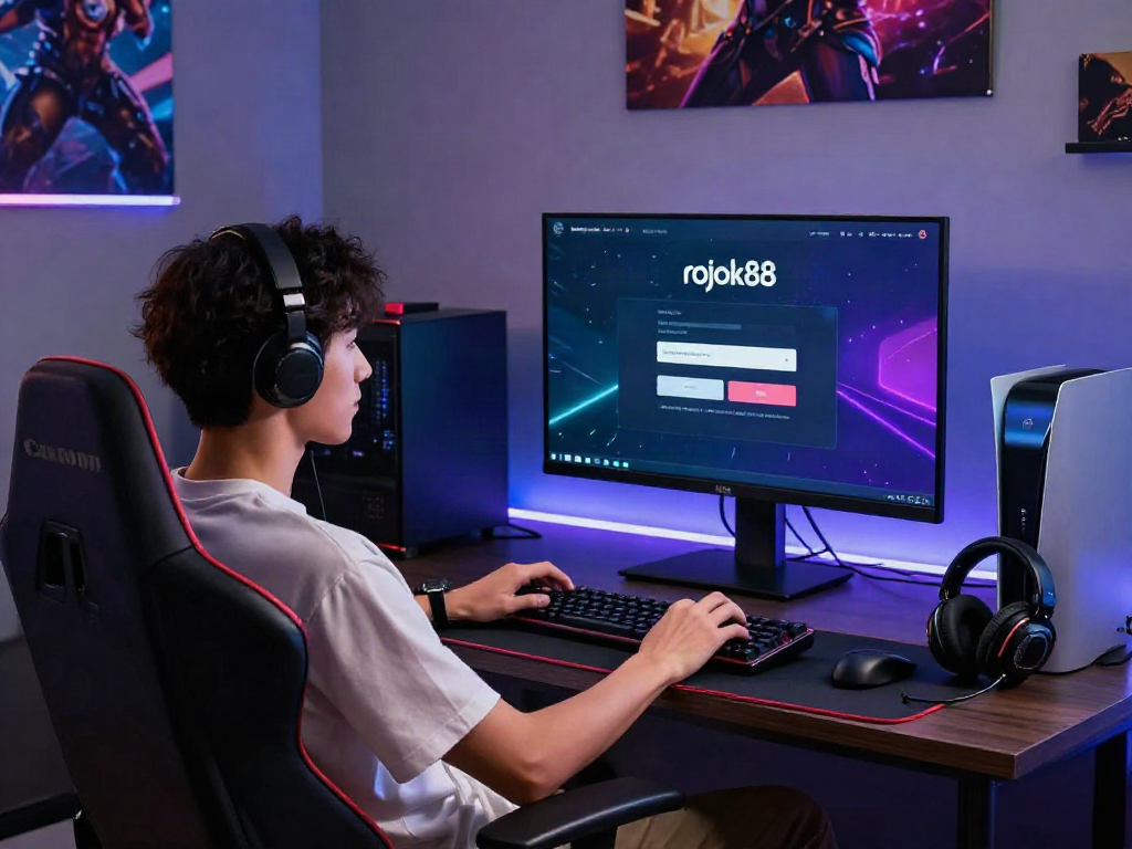 User engaging in rokok88 login on a high-resolution gaming monitor, surrounded by gaming accessories and ambient lighting.