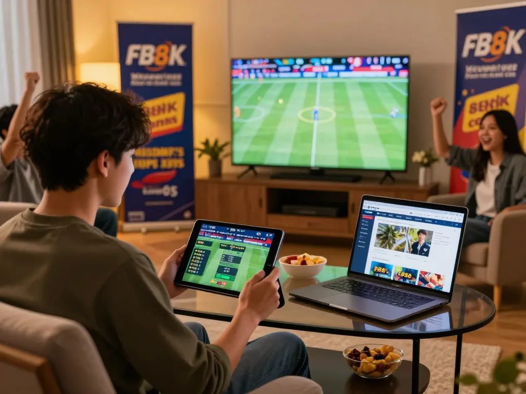 Engaging scene of fb88 đăng nhập in home lounge with young adult betting live on tablet, surrounded by promotional offers and friends cheering for a match.