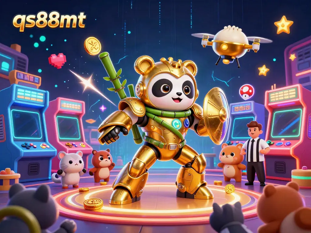 Experience excitement with qs88mt as a golden panda battles in a vibrant 3D casino arena.