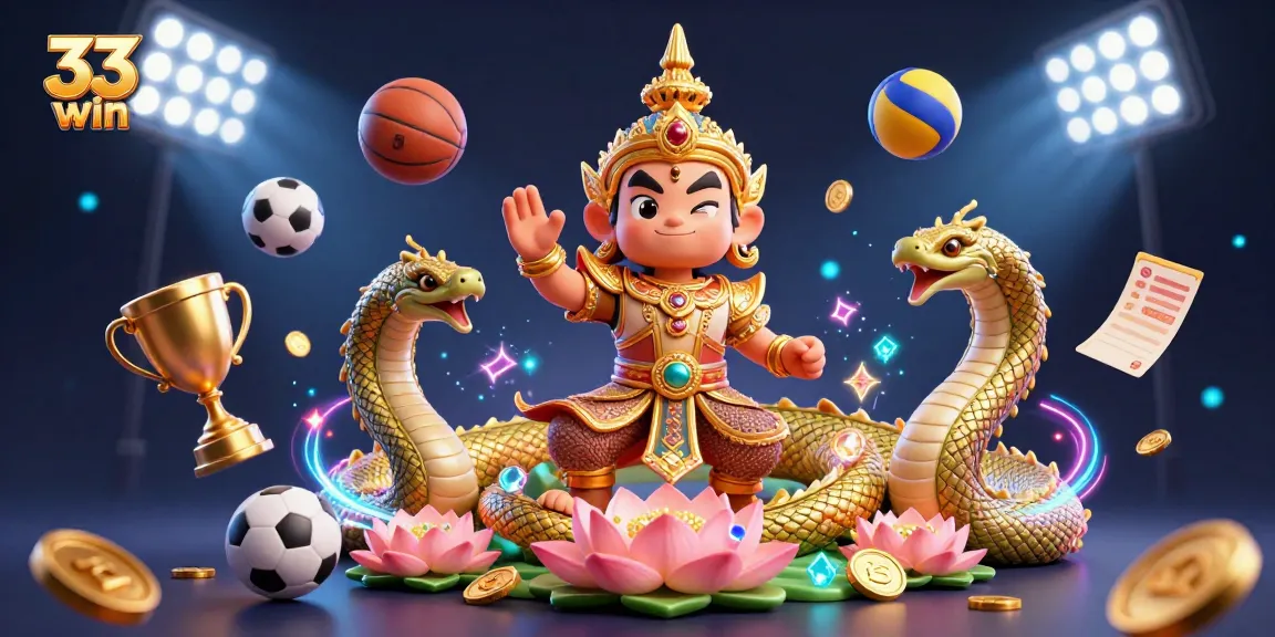 Engage with 33 win's vibrant 3D scene featuring sports elements and a temple guardian.