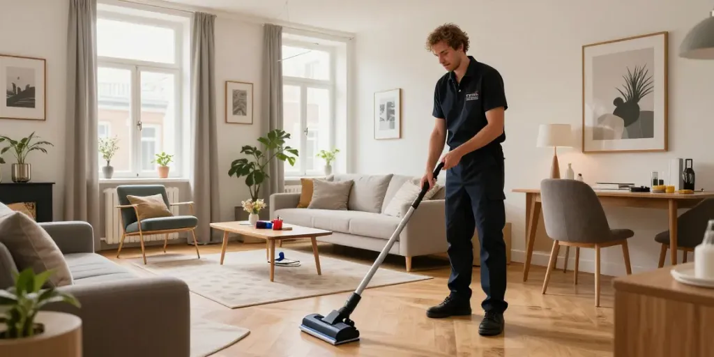 Schoonmaakservice Amsterdam in een modern appartement met professionele schoonmaker en schoonmaakmiddelen.