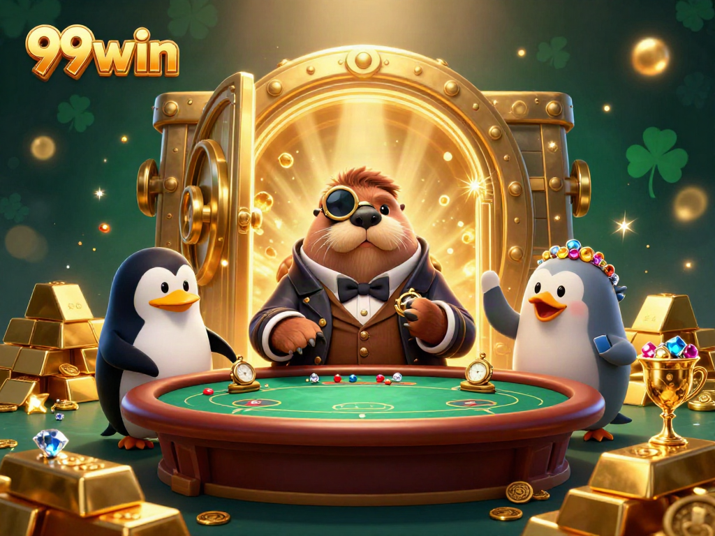 Playing poker in style with 99win at an underwater casino scene featuring a walrus and a dealer