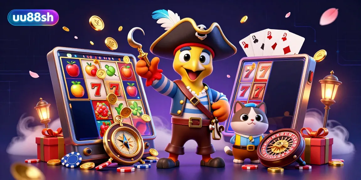 Spin to win with the captivating uu88sh slot game featuring a pirate captain, bulldog, and a ship's cat.