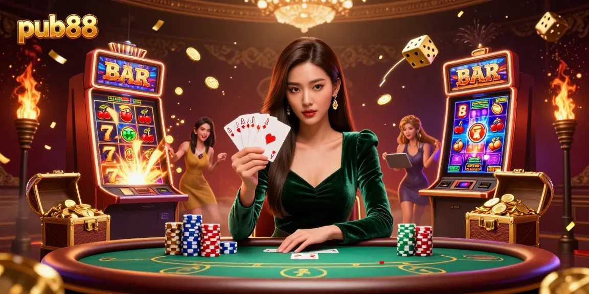Experience high-stakes poker at pub88 with a stunning Asian woman in an emerald green dress.